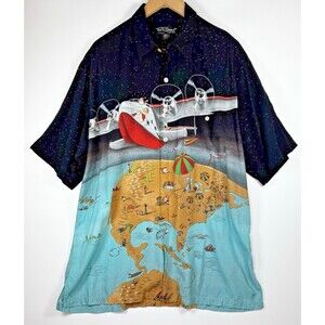 Vintage Tori Richard Christmas Map Shirt Mens Large Santa Seaplane Holiday Aloha
